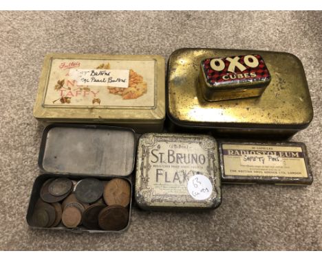 SMALL TUB OF PRE DECIMAL COINS AND VINTAGE ADVERTISING TINS