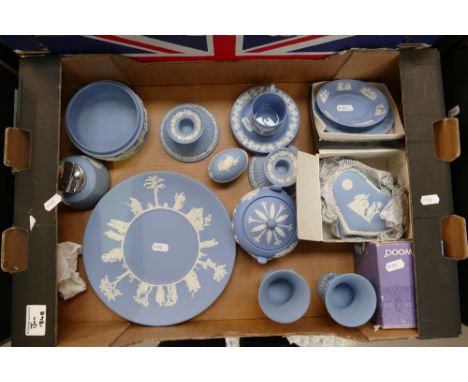 A large mixed collection of Wedgwood jasperware items to include lighters, trinket boxes, vases, candlesticks, etc (some boxe