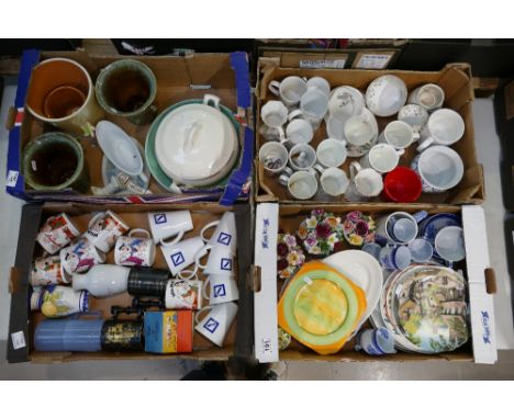 A mixed collection of items to include drinking mugs, commemorative items, Copeland Spode coffee set, etc (4 trays)