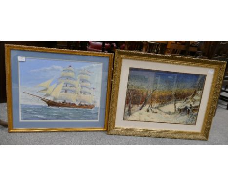 P R Harding, oil painting on board of winter scene with children playing in the snow next to a woodland cottage in gilt frame