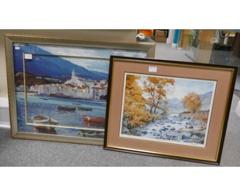 D Elliot, signed print of Barrowdale and picture of harbour scene.  (2)