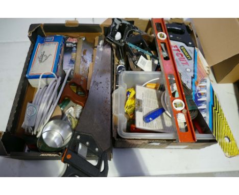 A collection of mixed hand tools to include saws, planes, measures, bearing pullers, bottle jacks, etc. (2 trays)
