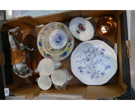 A mixed collection of items to include Markay ceramic horse on base together with commemorative ceramic items, Wedgwood blue 