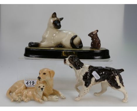 A collection of animals to include Beswick Springer Spaniel 3135, Beswick Siamese cat  and Mouse "Watch It" on ceramic base a