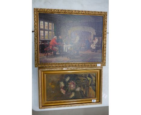 Framed oil on board floral study together with later framed print (2)