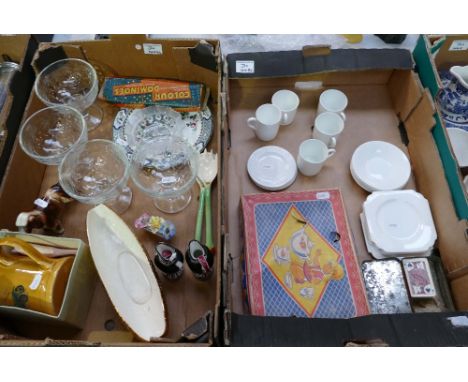 A mixed collection of items to include: unmarked ceramic coffee cans, boxed toy tea set, grapefruit bowls, etc (2 trays)