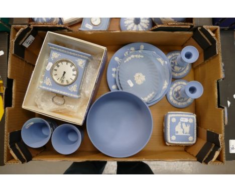 A mixed collection of Wedgwood jasperware items to include large boxed carriage clock, large footed bowl, candlesticks, comme