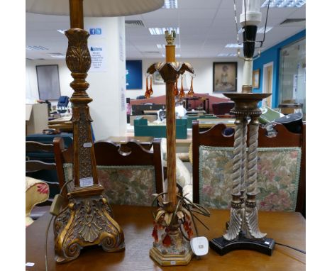 3 decorative table lamps, including a gold painted French style lamp, white and gold lamp with 3 column support and a florall