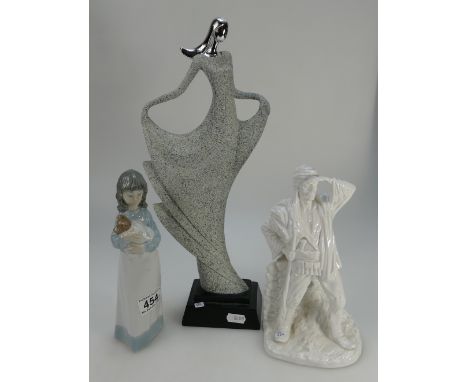 Unmarked pottery figure of Bedowin Hunter, Leonardo resin figure and Nao figure of Young Girl and Puppy. (3)