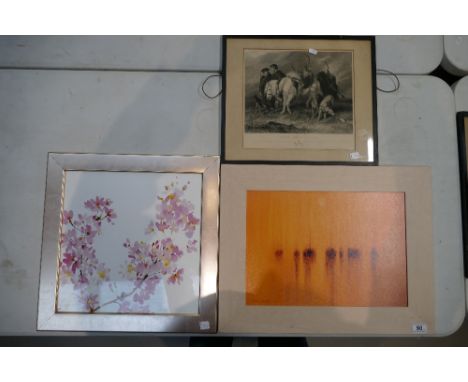 Modernist framed print signed Terence Gilbert 66, modern floral print and Victorian Edwin Landseer print titled Deer Stalkers