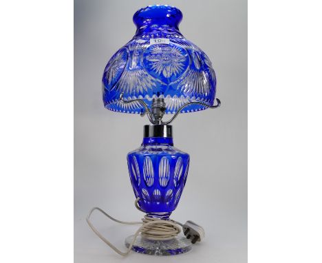 Large modern cut glass cobalt blue table lamp with chrome fixings (chips to inner rim).