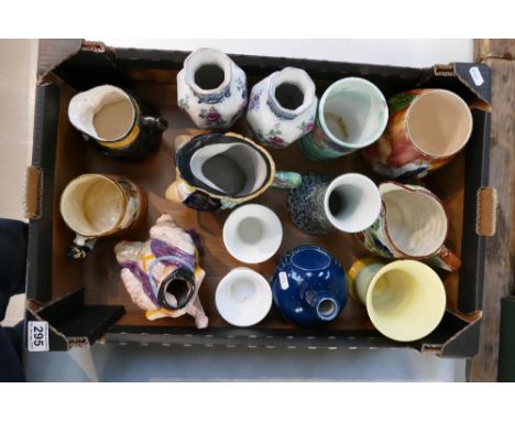 A mixed collection of items to include, Shelley red vase (damaged) embossed novelty jugs Dunn Bennett & Co vases, Losolware i