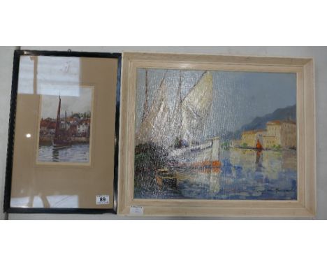 Oil on board seaside study together with smaller print titled Off the Fishing Grounds, F Robson (2)