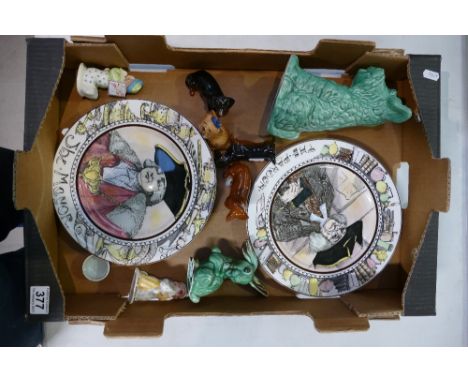 A mixed collection items include Beswick Dog 1824, Dachshund seated and begging together with Royal Doulton seriesware plates