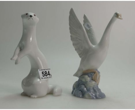 Nao figure of a swan taking flight together with Russian figure of white stoat. (2)