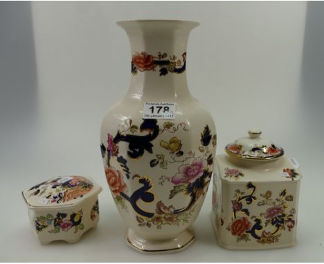 A collection of Masons blue Mandalay items to include tea caddy, large vase, and trinket box (3)