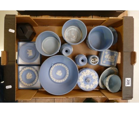 A good collection of Jasperware items to include Large salad bowl, small planters, vases, trinket boxes, lighters, etc 