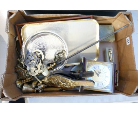A mixed collection of items to include brass ware, horse brasses, clocks, onyx ashtray, lighters and trinket box etc 