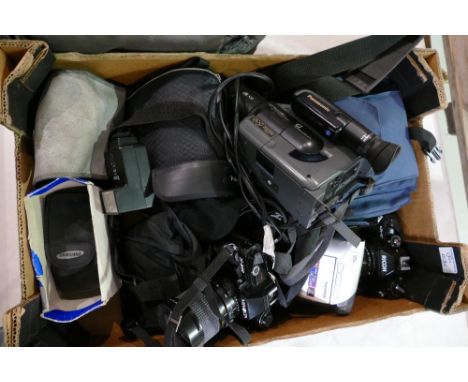 A collection of camera equipment to include, Minolta SLR camera, Ricoh KR10 camera, Samsung BP361 digital cam recorder and Pa