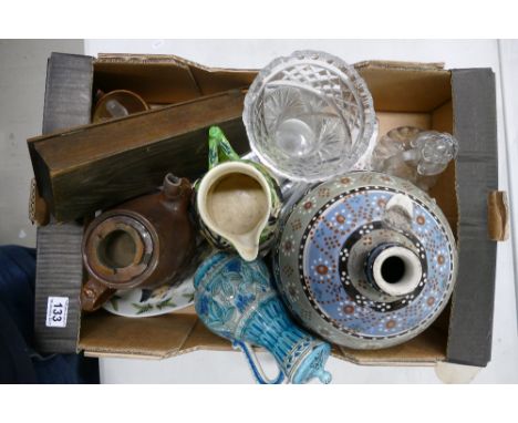 A collection of items to include Delf, two glazed storage jar, Royal Doulton trout serving platter, early stoneware teapot de