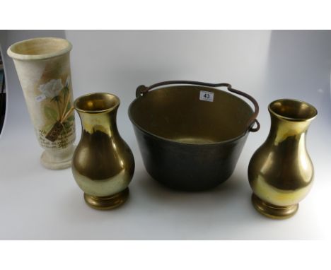 Heavy Brass jam pan together with 2 smaller brass vases and ceramic Shakespeare commemorative vase. (4)