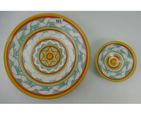 Poole pottery footed bowls decorated with clouds and birds around the sun (2) largest diameter 35cm 