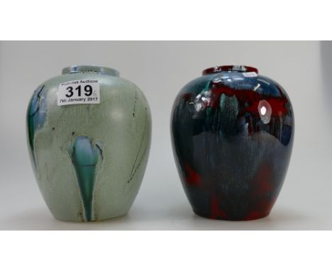 Two Poole pottery heavy glazed vases (one unmarked) (height 15cm each) (2)