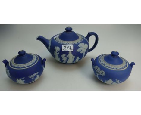 Early Wedgewood dipped blue teapot and two sugar bowls(slight nips to lid rims) (3)