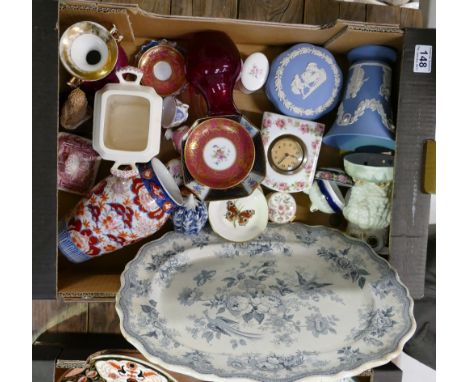 A mixed collection of items to include Wedgwood Jasperware, vase and sweet dish, large blue and white serving platter, Royal 