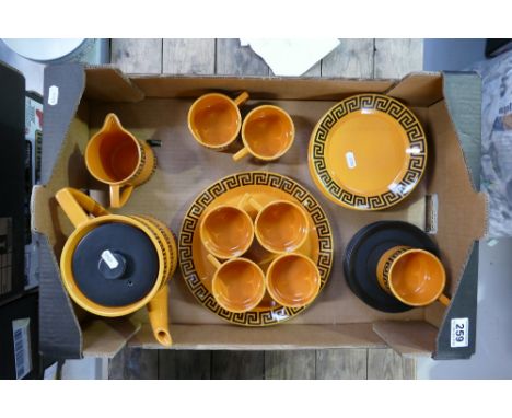 A collection of mid century port meirion pottery dinnerware in the greek key design to include cups, teapot, side plates, etc