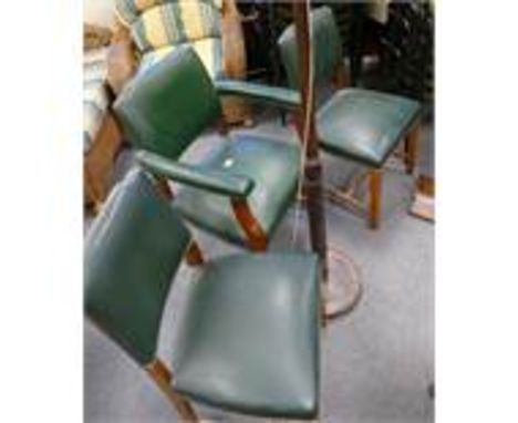 Two green seated dinning chairs with matching carver and oak standard lamp. (4) 