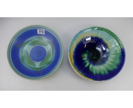 Poole pottery footed bowls with decorations of fish and abstract designs (2) both 27cm 