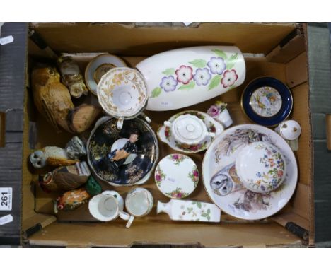 A mixed collection of items to include ceramic owls, Royal Albert Old Country rose trinket boxes, Radford hand painted vase, 