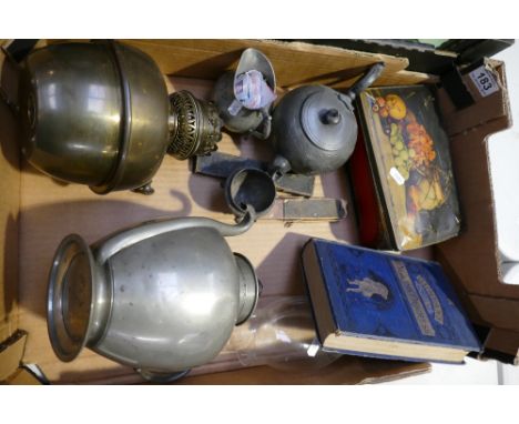 A mixed collection of metalware items to include self pouring teapot, pewter items, cut throat razors, early copy of pilgrims