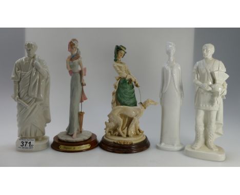 A collection of unmarked figures (believed to be Spode), Neo classical figures, modern young girl and resin figures on bases 