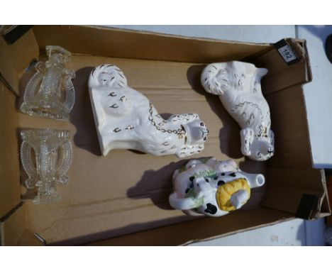 Pair of unmarked Staffordshire dogs, together with novelty teapot and glass candlesticks etc