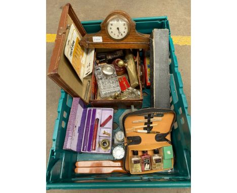 Box Of collectables to include inkwells , mantle clock etc . 