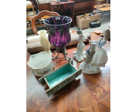 Collection of collectables includes nao figure, glass centre piece and Studio Pottery rectangular bowl. 