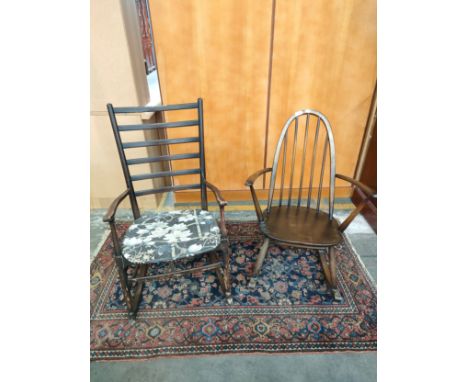 Ercol elm wood rocking chair together with vintage ladder-back rocking chair. 