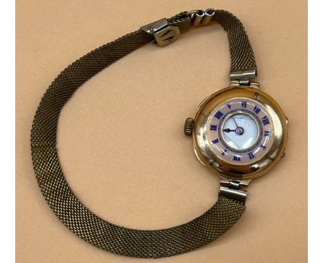 Antique 9ct gold and enamel cased wrist watch. Fitted with a plated bracelet [Enamel face damaged] [In a working condition] 