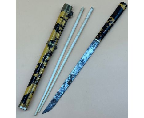 Antique Chinese tortoise shell trousse knife and chopstick set. 
