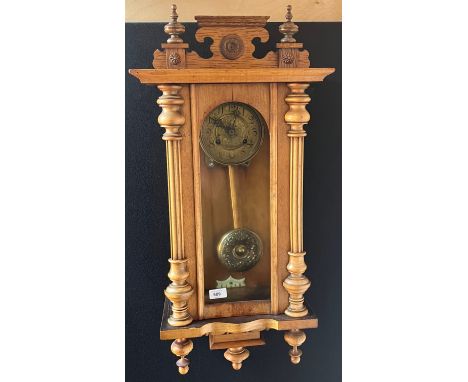 Antique light wood wall clock, Brass ornate face and pendulum. Marked 'B' To brass work. Double drum.  [Working condition] [8