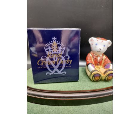 Royal crown Derby paperweight Scottish teddy bear Fraser with box . 8 cm in height . 