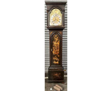 BLACK LACQUERED JAPANNED LONGCASE CLOCK, 19TH CENTURY, Old Father Time automationThe moulded cornice above arched brass dial 