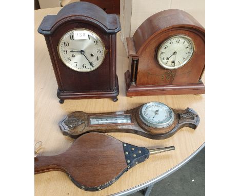 A Collection of Vintage clocks with barometer and Bellows. 