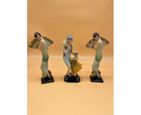 Three Kevin Francis Limited edition figurines, Two 'Lady with fan' limited edition 103, 143/500 &amp; 'Clarice Cliff Art Deco