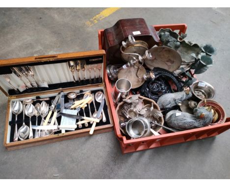 A Large Crate of silver-plated ware, oak clock, cast metal ornate bases and canteen box with cutlery. 