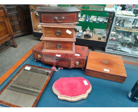 Selection of antique desk items to include small keep safe 2 drawer chest, clock display stand etc. 