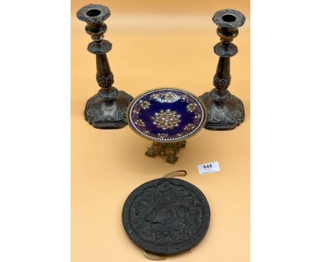 Pair of plated candle sticks, Enamel painted and gilt metal tazza stand, together with Queen Elizabeth 1 Seal plaque. [tazza-