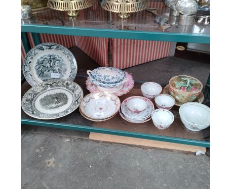 Shelf of collectables, includes; 19th century Napoleon decorated cabinet plates , Samson wares and Majolica butter dish. 